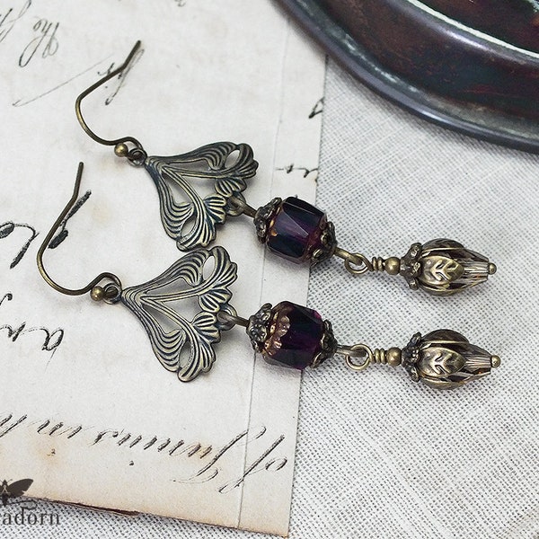 Long Art Nouveau Style Earrings, Bronze and Purple Earring, Aubergine, Egg Plant, Plum Ear Rings, Botanical Floral Jewellery, Handmade UK