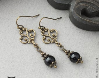 Bronze Gothic Renaissance Style Earrings with Black Onyx, 16th Century, Goth Jewellery, Leo Zodiac Gemstone, Handmade UK