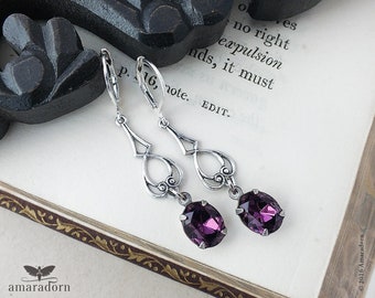 Art Nouveau Amethyst Crystal Earrings, Edwardian Style Antiqued Silver Earrings with Purple Crystals, Handmade UK