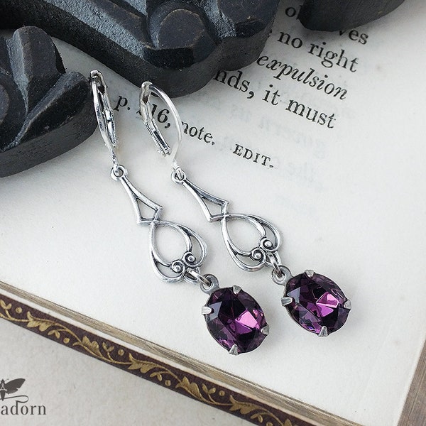 Art Nouveau Amethyst Crystal Earrings, Edwardian Style Antiqued Silver Earrings with Purple Crystals, Handmade UK