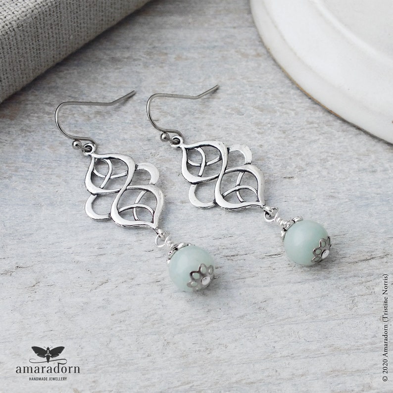 Amazonite Celtic Knot Earrings, Pale Mint & Silver Pagan Earrings, Green Gemstone Jewellery, Handmade UK image 2