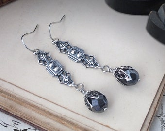 Black Grey & Silver Art Deco Earrings, Edwardian Style, 1920's Jewellery, Handmade UK
