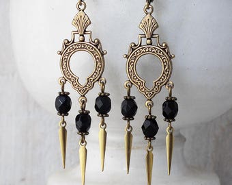 Victorian Inspired Spike Earrings, Large Brass and Black Gothic Chandelier Earrings, Handmade UK