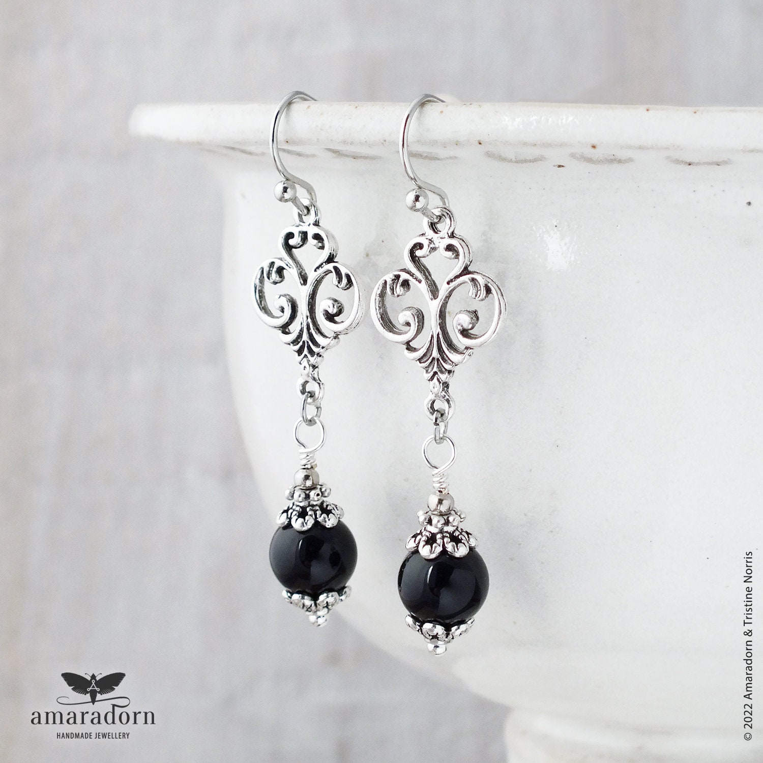 Gothic Renaissance Style Earrings with Black Onyx, 16th Century, Silver Goth Jewellery, Leo Zodiac Gemstone, Handmade UK