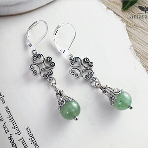 Celtic Medieval Earrings with Green Aventurine Gemstone, Antiqued Silver 4 Leaf Clover Handmade Boho Jewellery, UK