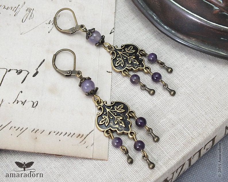 Enchanting Medieval Style Amethyst Chandelier Earrings, Bronze and Purple Gemstone Fantasy Jewellery, Handmade UK image 1