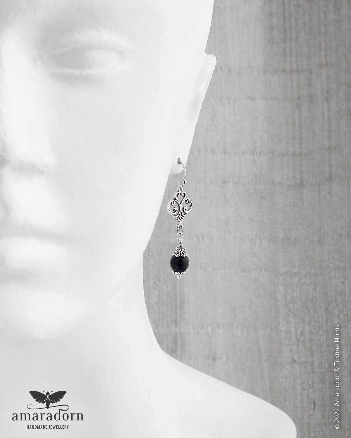 Gothic Renaissance Style Earrings with Black Onyx, 16th Century, Silver Goth Jewellery, Leo Zodiac Gemstone, Handmade UK