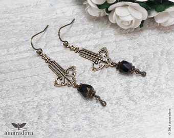 Art Deco Earrings, Black Drop & Antiqued Brass 1920's, Handmade Vintage Style Jewellery