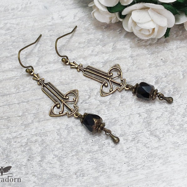 Art Deco Earrings, Black Drop Earrings, 1920's Ear Rings, Antiqued Brass Jewellery, Handmade Art Deco Jewellery, UK