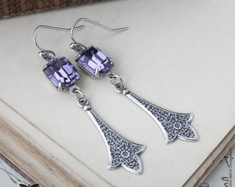 Violet Crystal and Medieval Drop Earrings, Antiqued Silver and Purple Rhinestones, Handmade UK