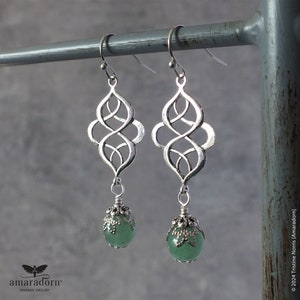 Celtic Earrings with Aventurine Gemstone, Green and Silver Pagan Celtic Eternity Knot, Gemstone Jewellery