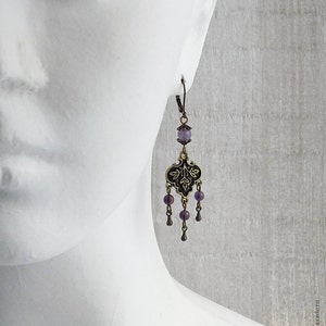 Enchanting Medieval Style Amethyst Chandelier Earrings, Bronze and Purple Gemstone Fantasy Jewellery, Handmade UK image 3