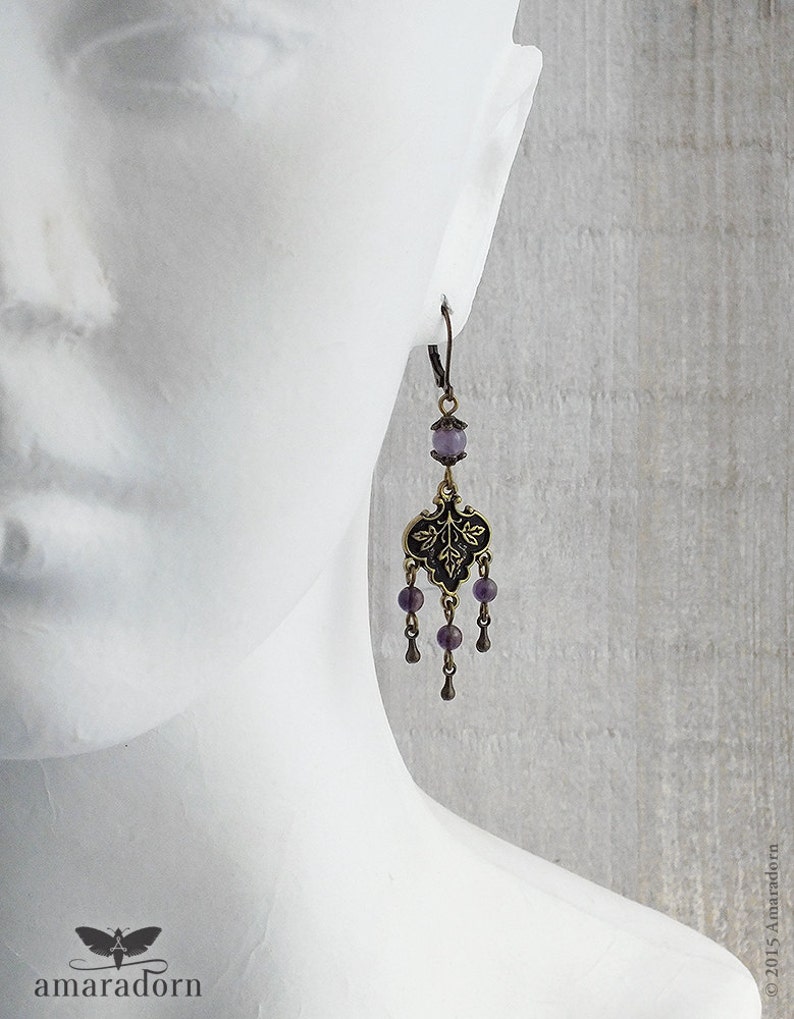 Enchanting Medieval Style Amethyst Chandelier Earrings, Bronze and Purple Gemstone Fantasy Jewellery, Handmade UK image 3