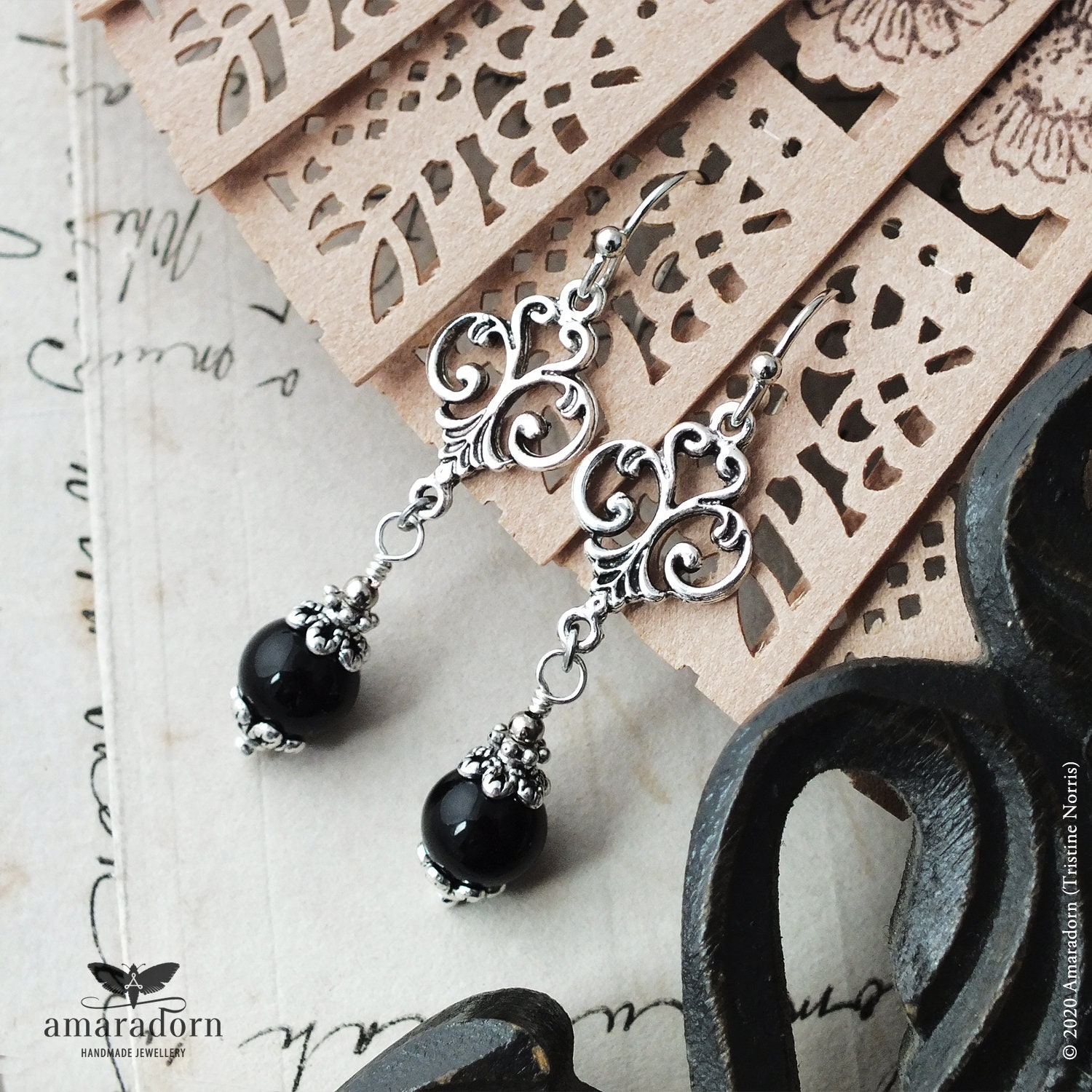 Gothic Renaissance Style Earrings with Black Onyx, 16th Century, Silver Goth Jewellery, Leo Zodiac Gemstone, Handmade UK