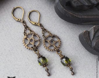 Grungy Gears Earrings, Olive Green Steampunk Earrings, Industrial Bronze Cog Ear Rings, Steam Punk Jewellery, Handmade UK