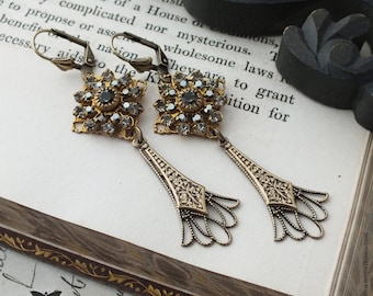 Long 1920's Inspired Crystal and Brass Statement Earrings, Sparkly Black Diamond Rhinestones, Handmade UK