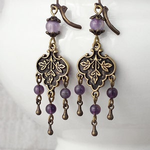 Enchanting Medieval Style Amethyst Chandelier Earrings, Bronze and Purple Gemstone Fantasy Jewellery, Handmade UK image 2