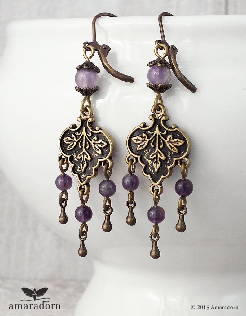 Enchanting Medieval Style Amethyst Chandelier Earrings, Bronze and Purple Gemstone Fantasy Jewellery, Handmade UK image 2
