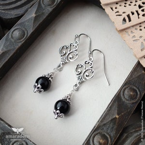 Gothic Renaissance Style Earrings with Black Onyx, 16th Century, Silver Goth Jewellery, Leo Zodiac Gemstone, Handmade UK