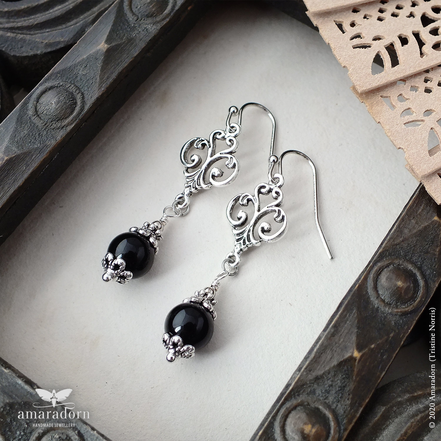 Gothic Renaissance Style Earrings with Black Onyx, 16th Century, Silver Goth Jewellery, Leo Zodiac Gemstone, Handmade UK