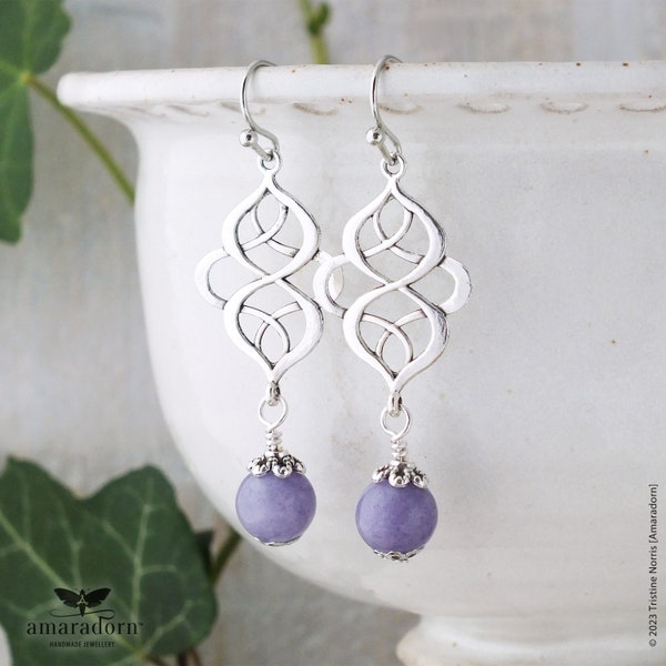 Celtic Knot Earrings with Lavender Chalcedony, Lilac & Silver Pagan Earrings, Purple Gemstone Jewellery, Handmade UK