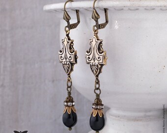 Regal Victorian Etruscan Revival Style Earrings, Gold Shields with Jet Black Drops, Handmade Period Reproduction