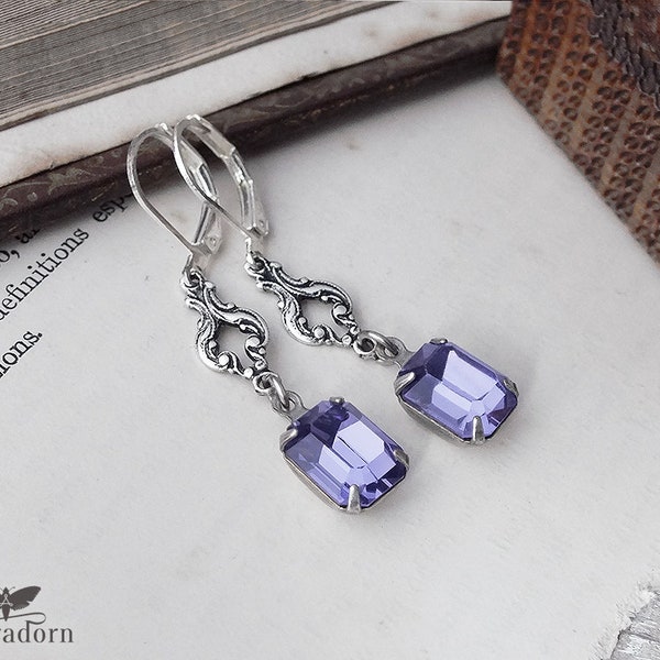 Dainty Violet Crystal and Silver Earrings, Purple Tanzanite Rhinestone Earrings, Vintage Style Jewellery