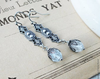 Frosted White Art Deco Earrings, Silver Edwardian Style Earrings, 1920's Ear Rings, Art Deco Jewellery, Handmade UK