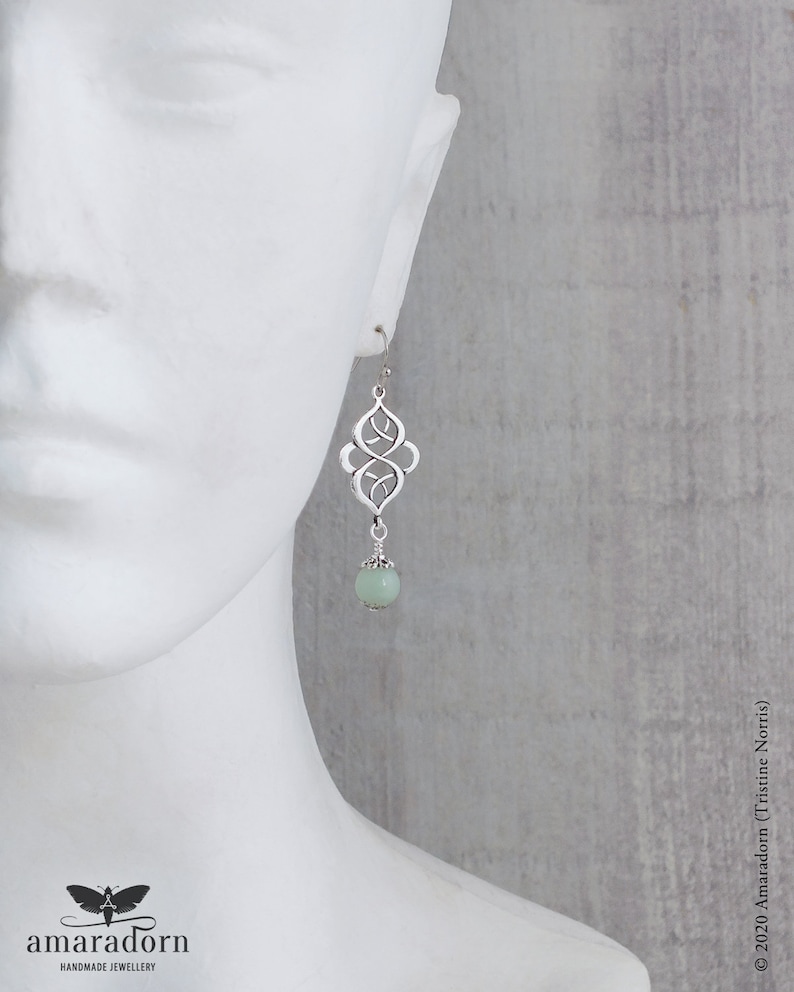 Amazonite Celtic Knot Earrings, Pale Mint & Silver Pagan Earrings, Green Gemstone Jewellery, Handmade UK image 3