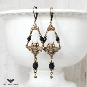 Whimsical Honey Bee Earrings, Long Victorian Black and Brass Insects, Handmade UK