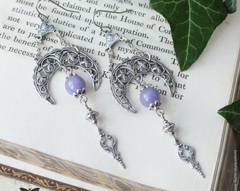 Pagan Moon Goddess Silver Filigree & Lavender Chalcedony Gemstone Statement Earrings, Boho Summer Festival Jewellery, Handmade UK