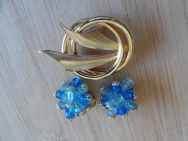 so sweet West Germany blue gold earrings very sleek brooch