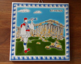 Athens ceramic tile souvenir gift bright colors kitchy retro