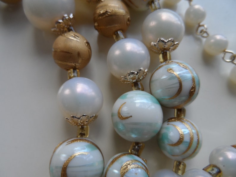 Plastic triple strand necklace graduated beads hand painted mid century blue gold