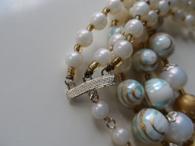 Plastic triple strand necklace graduated beads hand painted mid century blue gold