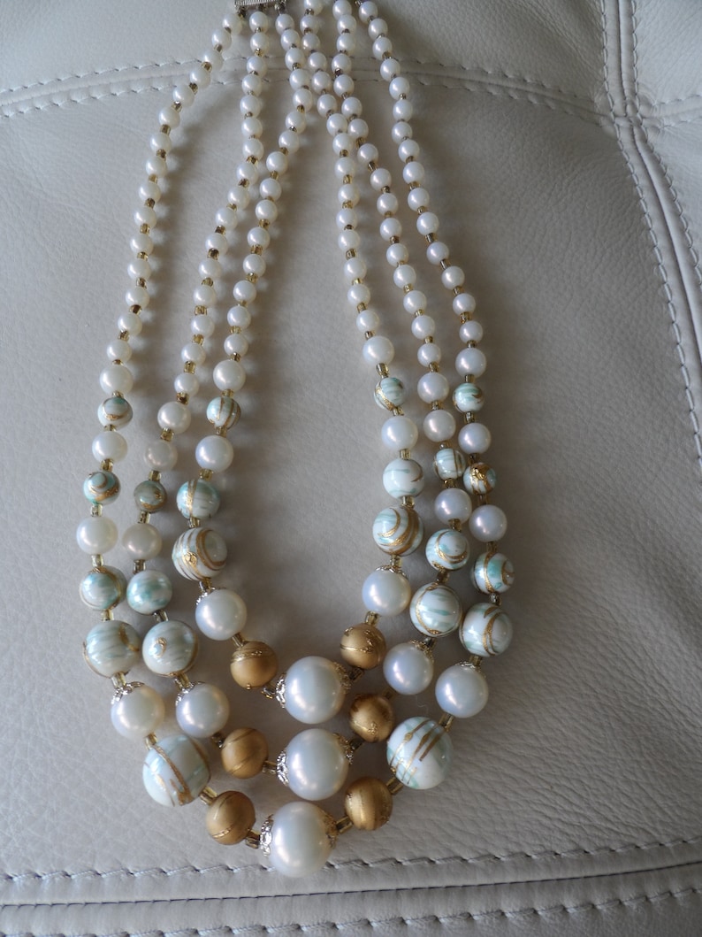Plastic triple strand necklace graduated beads hand painted mid century blue gold