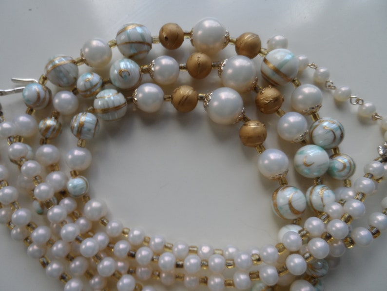 Plastic triple strand necklace graduated beads hand painted mid century blue gold