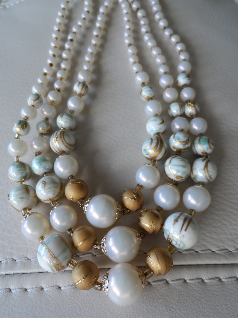 Plastic triple strand necklace graduated beads hand painted mid century blue gold