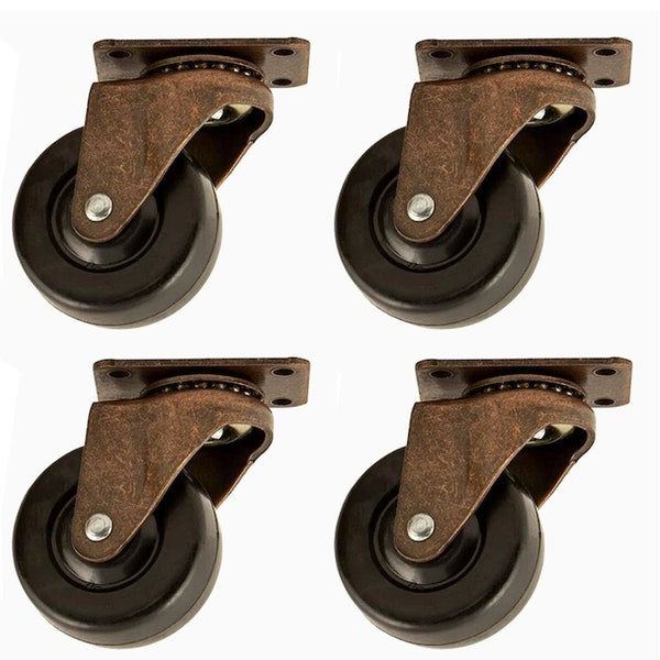 Antique Style Bronze Swivel Casters 4 Pack - Rubber Wheel Casters - Bronze Casters - Swivel Caster - Rustic Bronze Casters