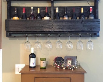 Pallet Wine Rack with Top - Wine Glass Holder - Pallet Wine Bar - Wall Organizer for Wine Glasses and Bottles