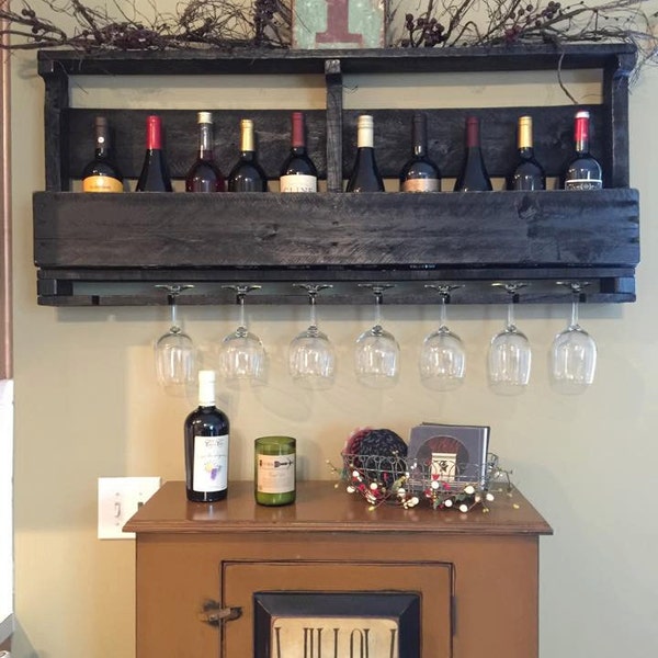 Pallet Wine Rack with Top - Wine Glass Holder - Pallet Wine Bar - Wall Organizer for Wine Glasses and Bottles