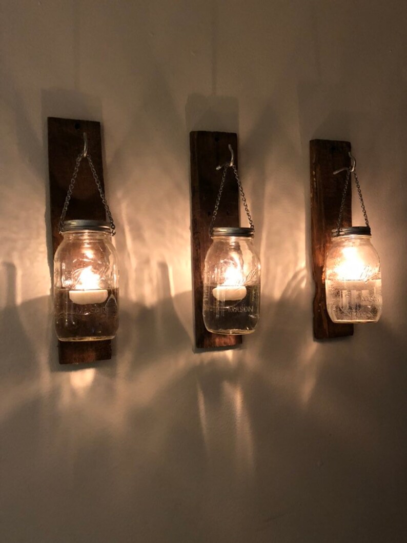 Mason Jar Candle Holder Sconce Pair Distressed Wood Wall - Etsy