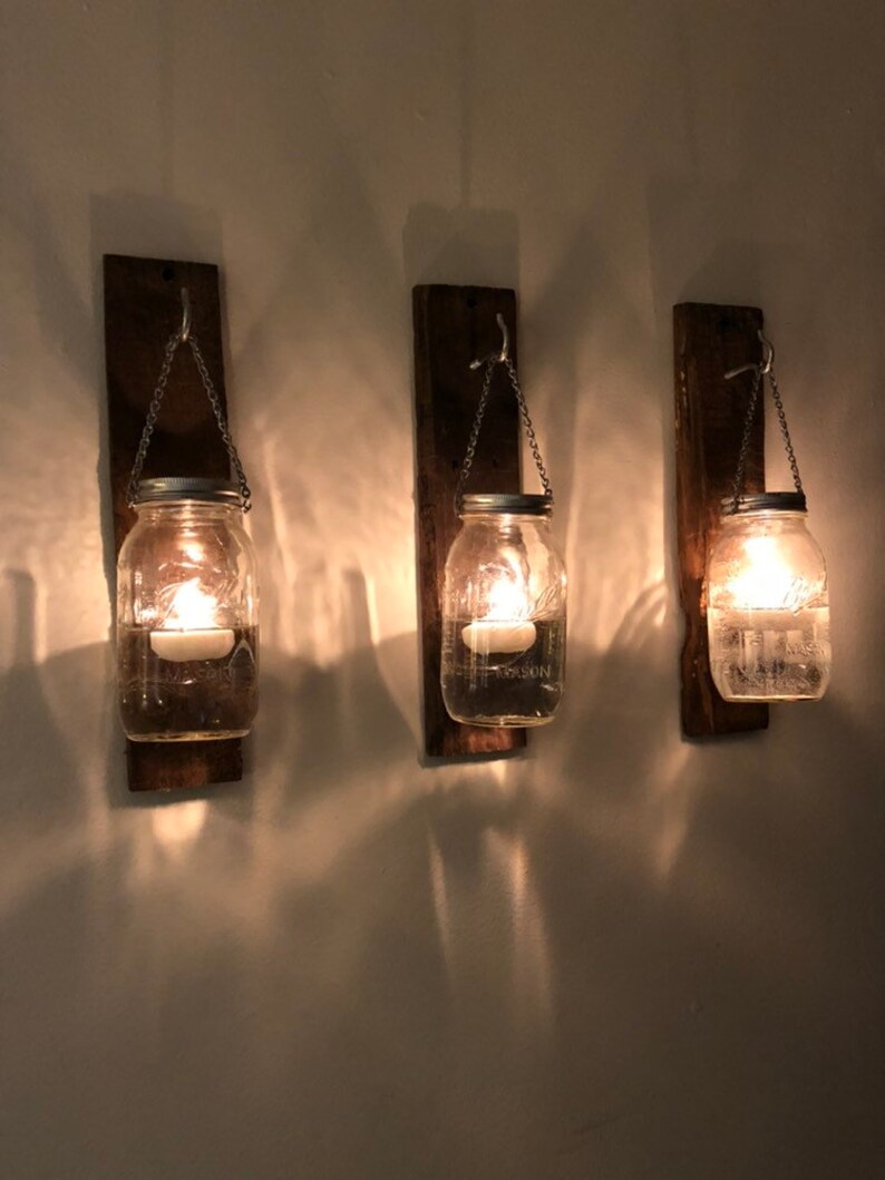 Mason Jar Candle Holder Sconce Pair Distressed Wood Wall Etsy