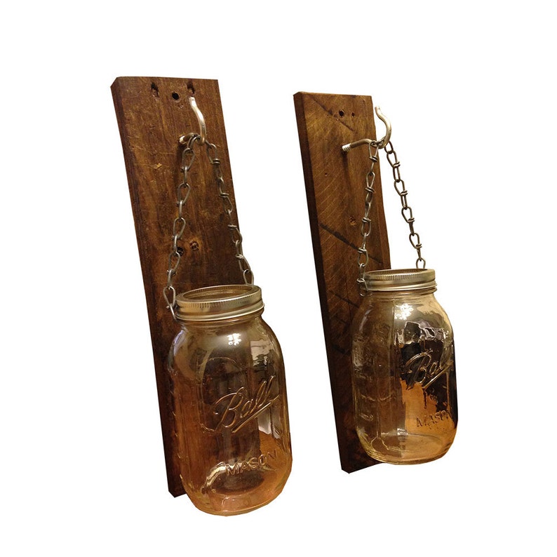 Mason Jar Candle Holder Sconce Pair Distressed Wood Wall Etsy