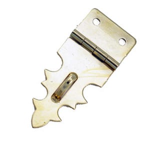 May include: A silver-toned metal hinge with a decorative, pointed, serrated edge. The hinge is closed and has a small, rectangular hole in the center.