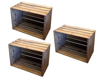 May include: Three wooden crates, each with a rustic brown finish and a simple design. The crates are empty and have a natural wood grain.