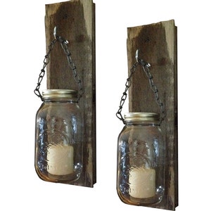 Rustic Wood Mason Jar Sconce Pair – Handmade Wall Decor