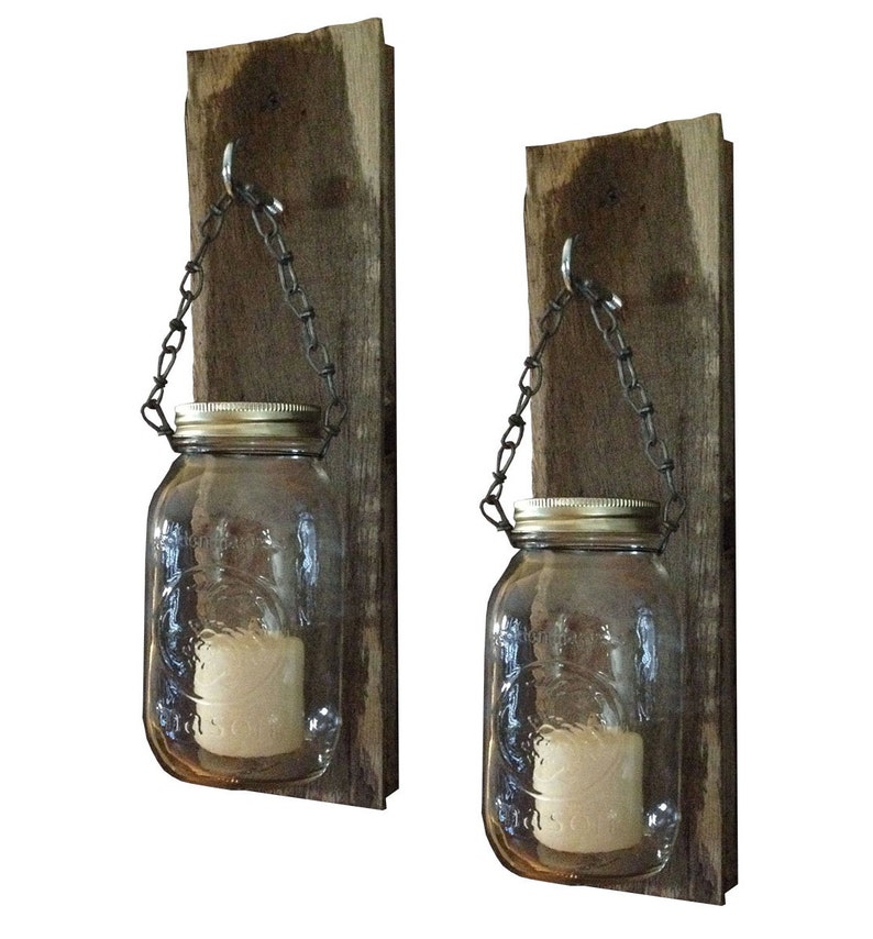 Mason Jar Candle Holder Sconce Pair Distressed Wood Wall Etsy