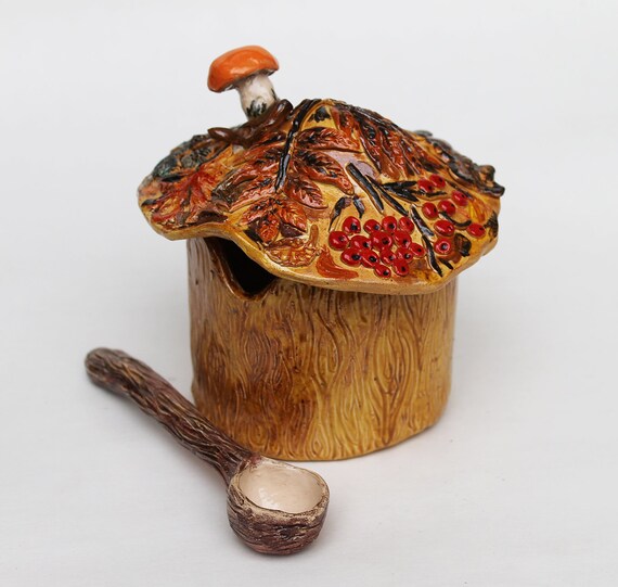 Ceramic Sugar Jar with Spoon Mushroom pottery sugar bowl Etsy