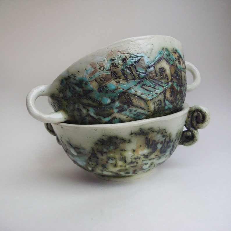 Ceramic soup bowls set Hand painted soup mugs with handles Etsy